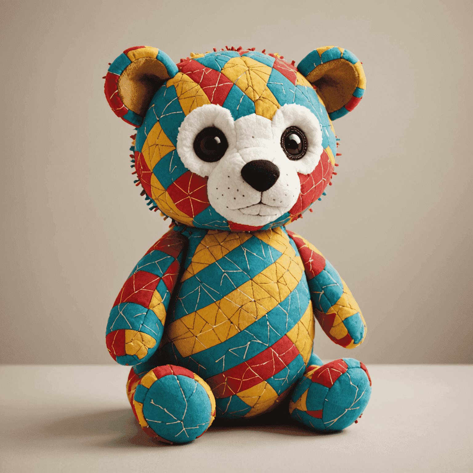 A colorful, handmade stuffed animal with unique patterns and textures