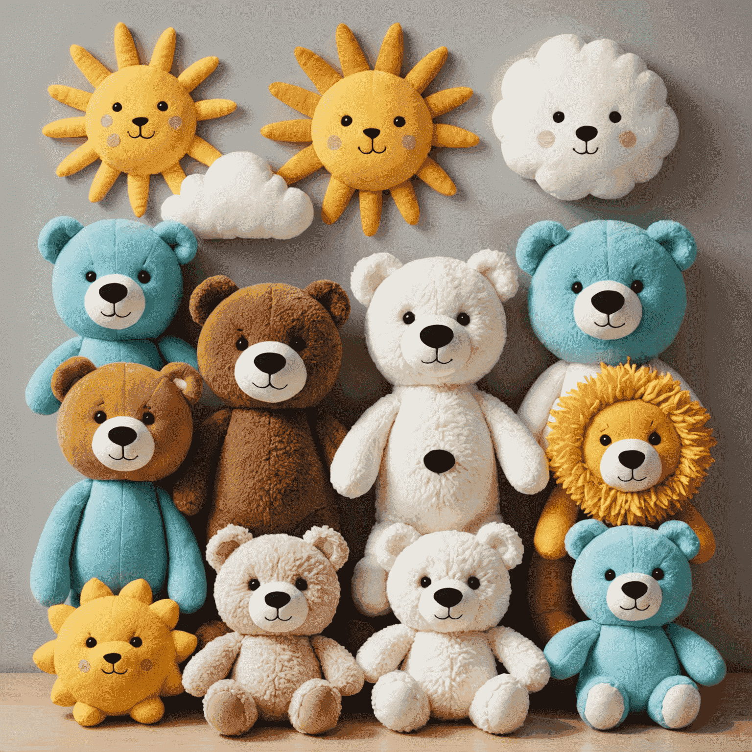 A collection of colorful handmade plush toys including a cute bear, a smiling sun, and a fluffy cloud, showcasing various DIY techniques and materials