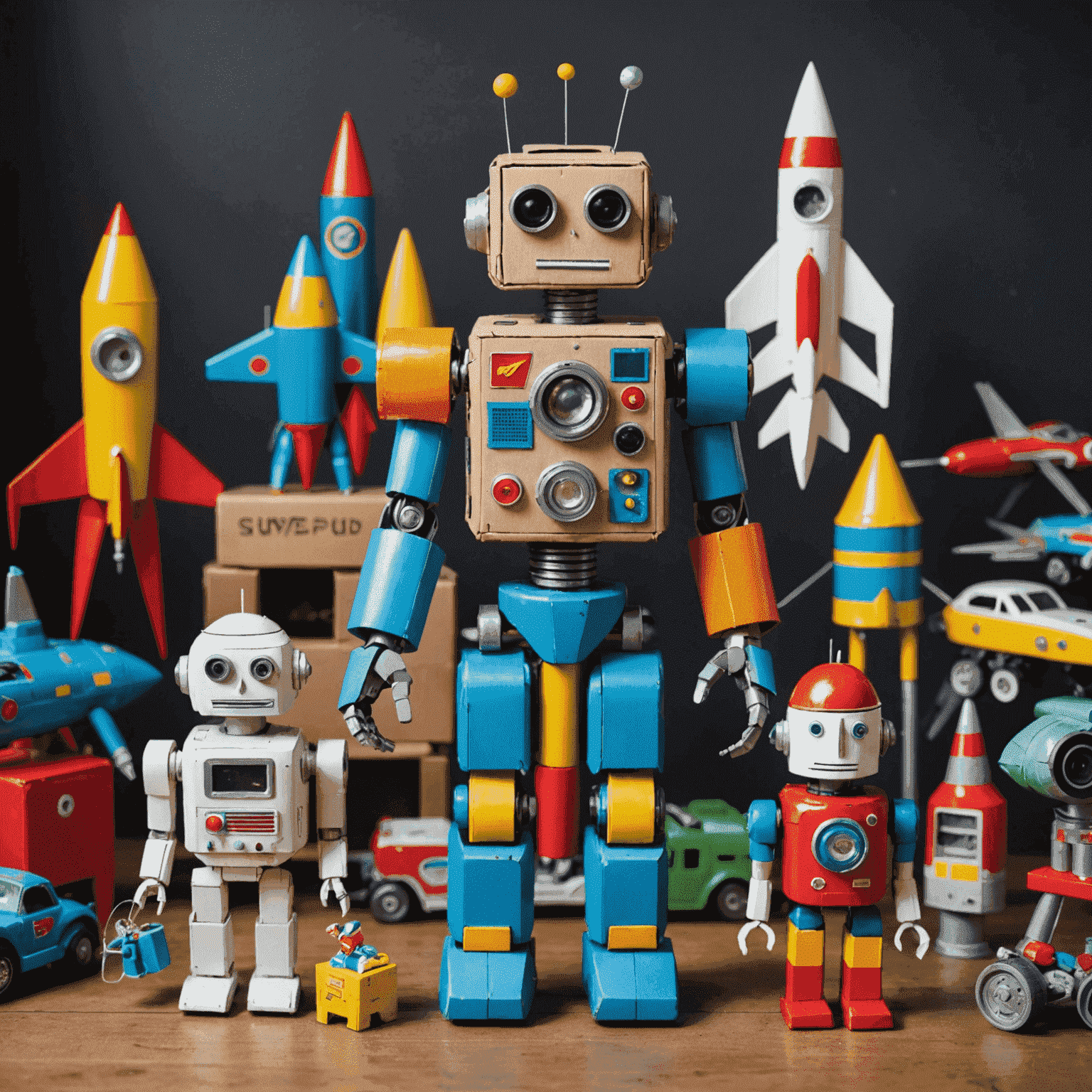 A collection of colorful upcycled toys made from everyday items, including a cardboard robot, plastic bottle rocket, and fabric doll