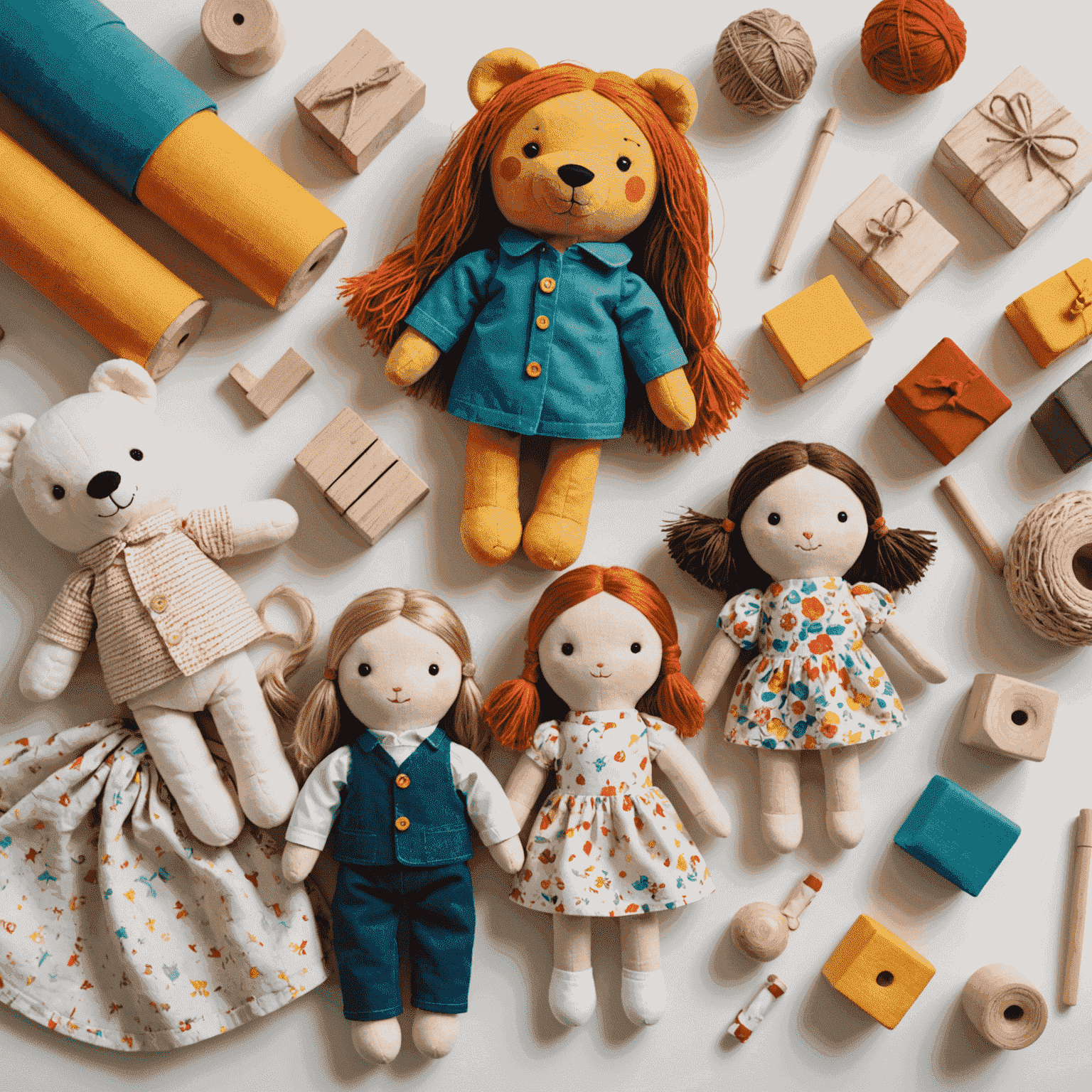 A collection of colorful, handmade toys including stuffed animals, wooden blocks, and fabric dolls arranged on a clean white table. The image emphasizes safety and quality craftsmanship.