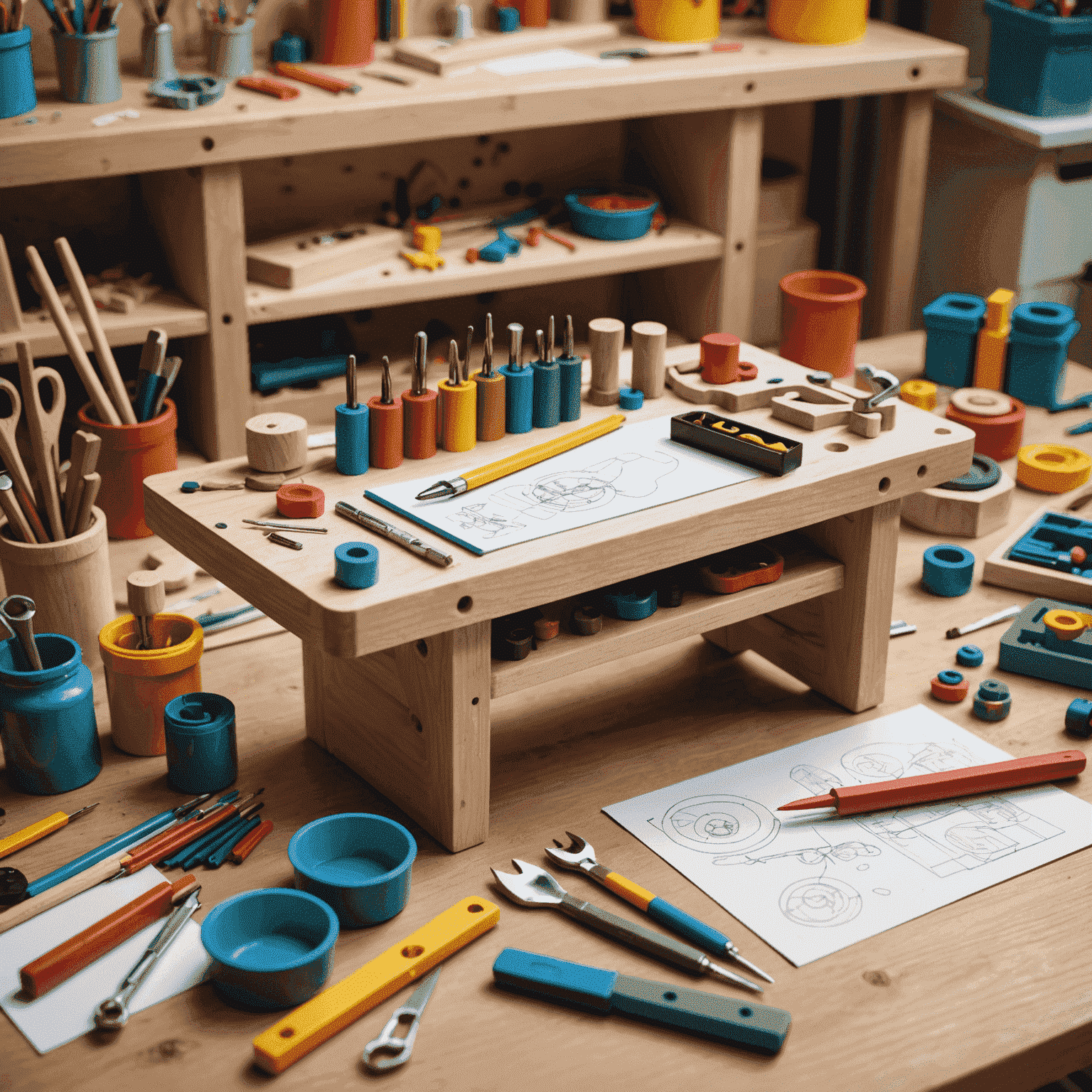 A workbench with various toy-making tools, sketches, and colorful materials. A designer is working on a unique toy prototype.