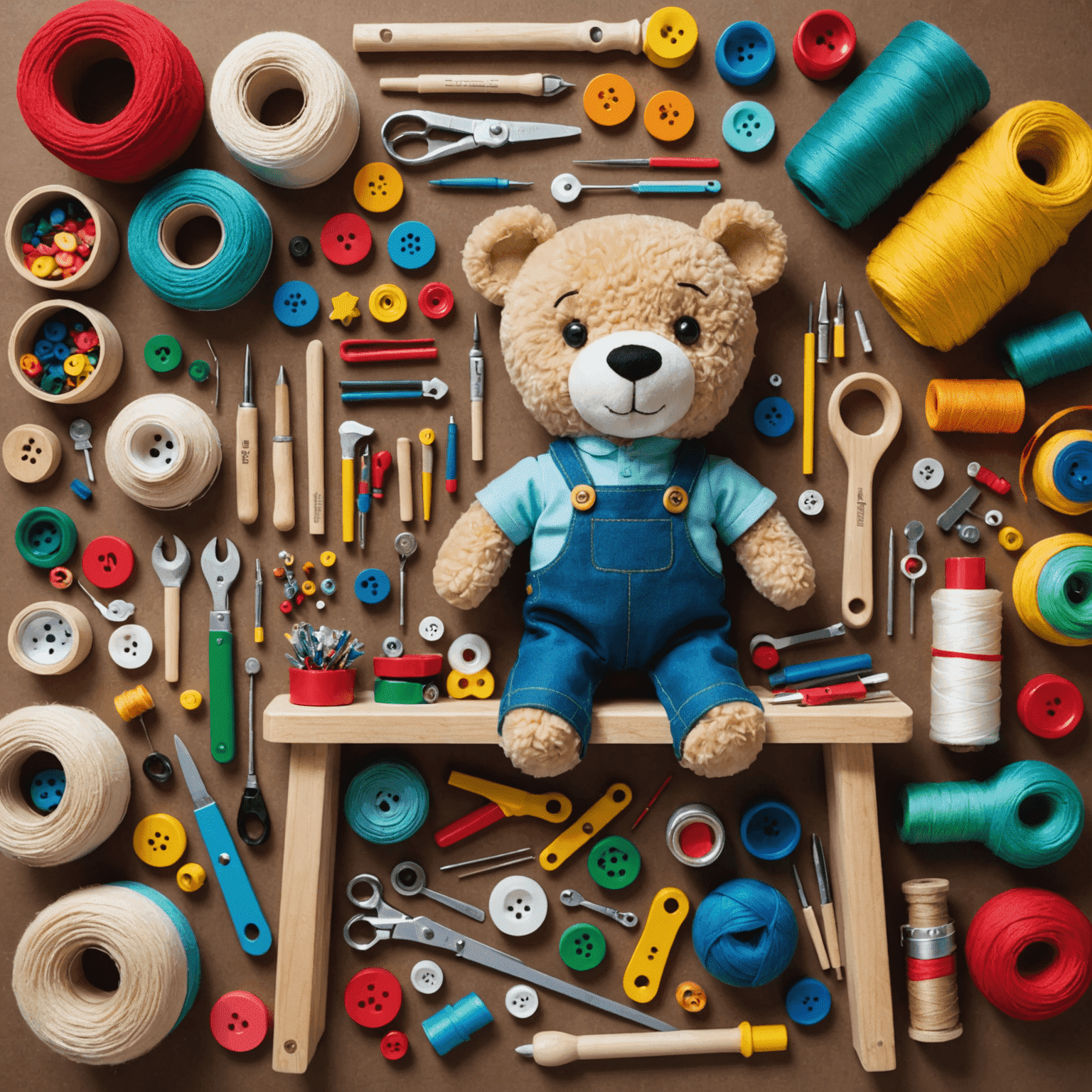 A workbench with various toy-making tools and materials, including colorful fabrics, buttons, threads, and a half-finished custom plush toy. The image showcases the process of creating a unique, personalized toy.