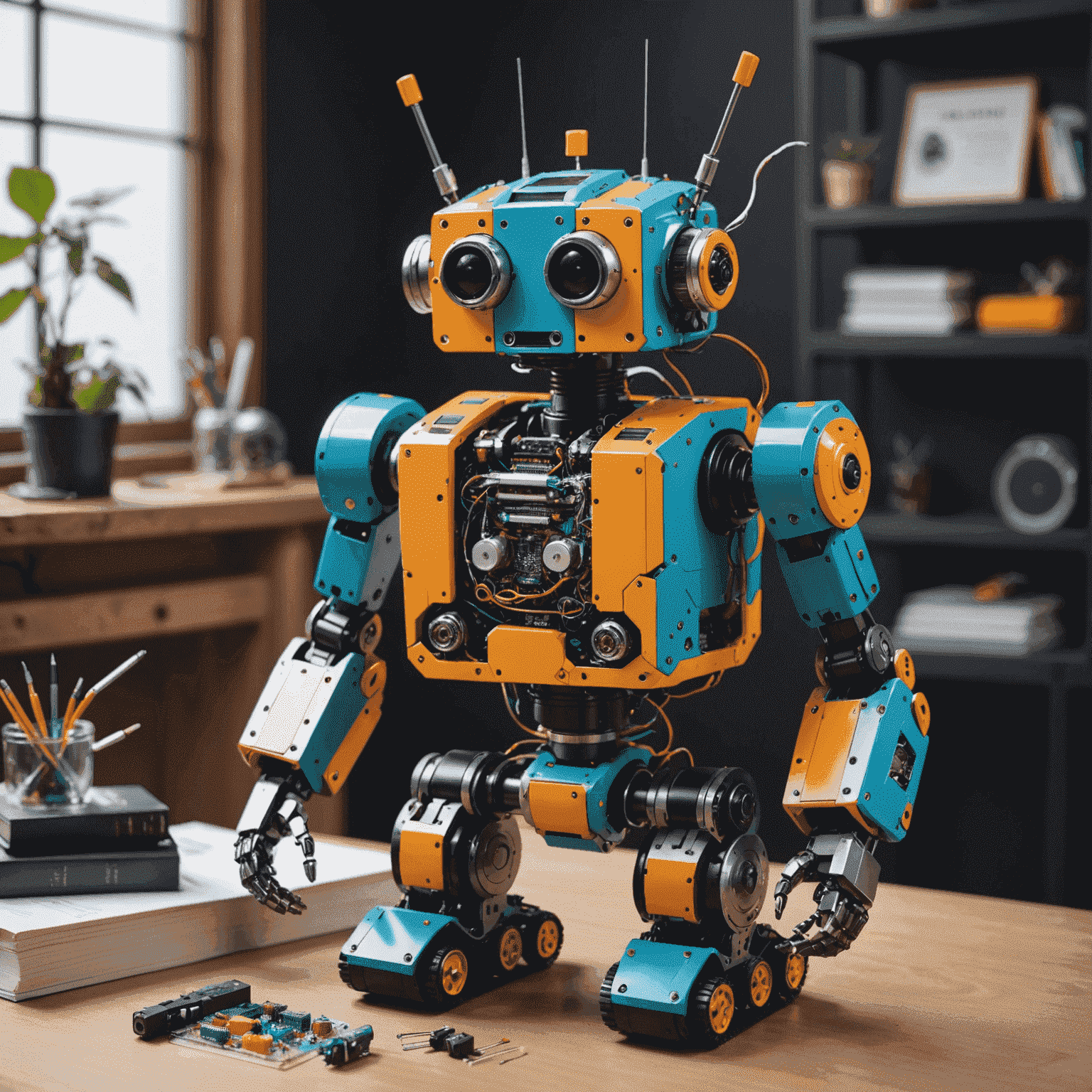 A colorful robot kit with various electronic components and a step-by-step instruction manual