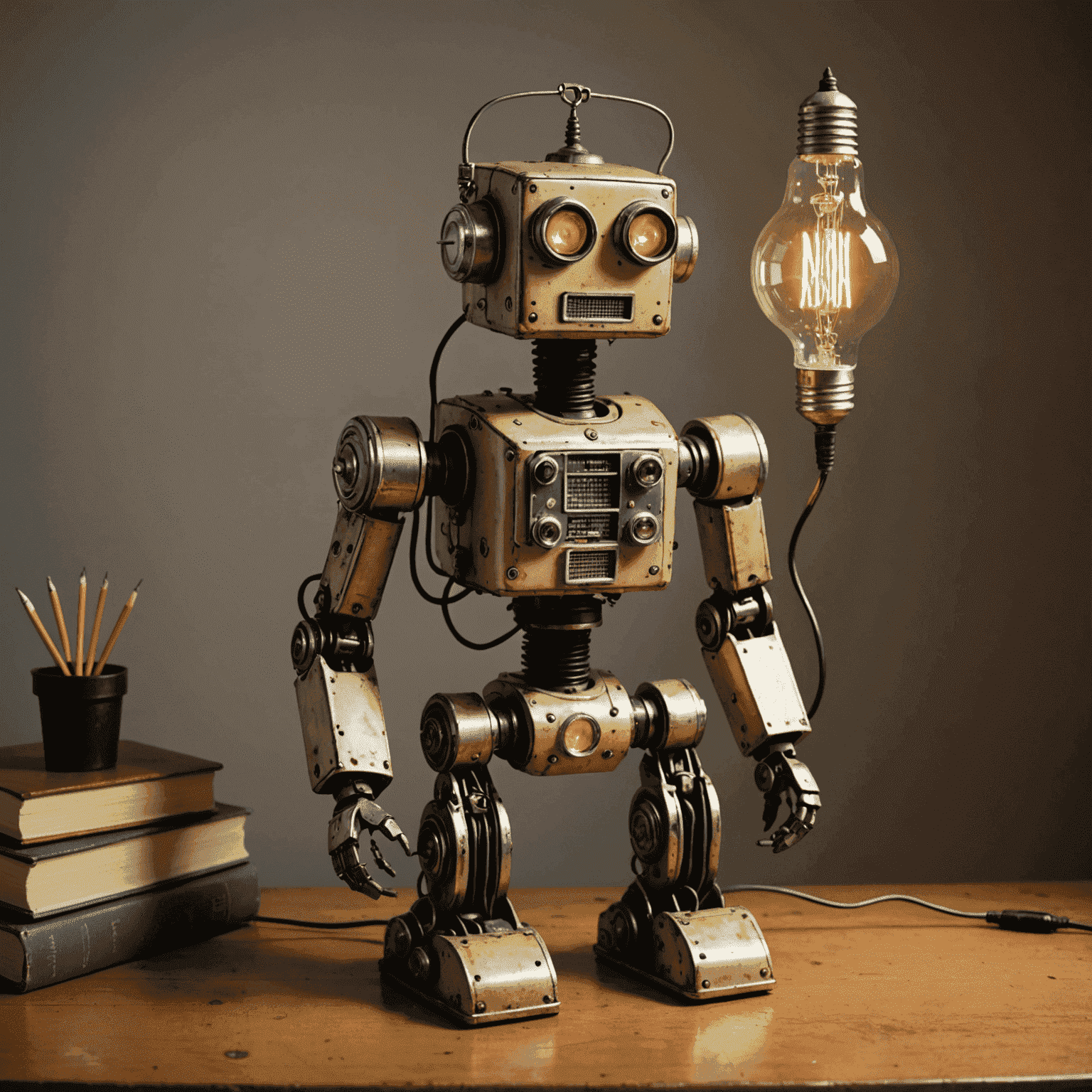 A repurposed toy robot transformed into a quirky desk lamp with exposed wiring and a lightbulb head