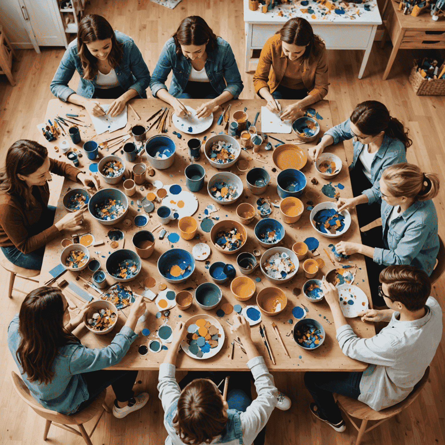 A group of people sitting at a large table, working on various toy-making projects. Materials like fabric, wood, and paint are scattered across the table. The atmosphere is cheerful and creative.