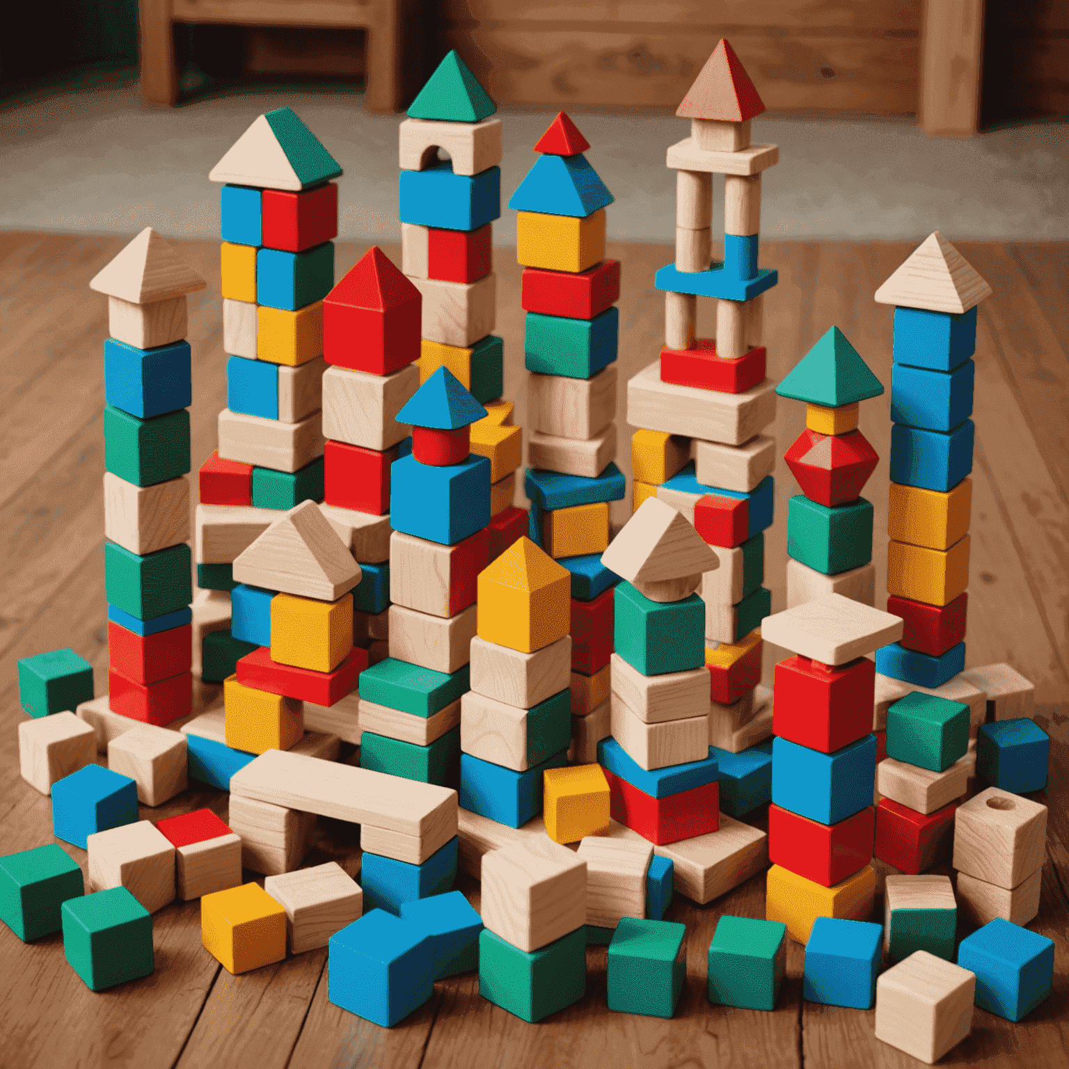 A set of wooden building blocks with intricate designs and vibrant colors