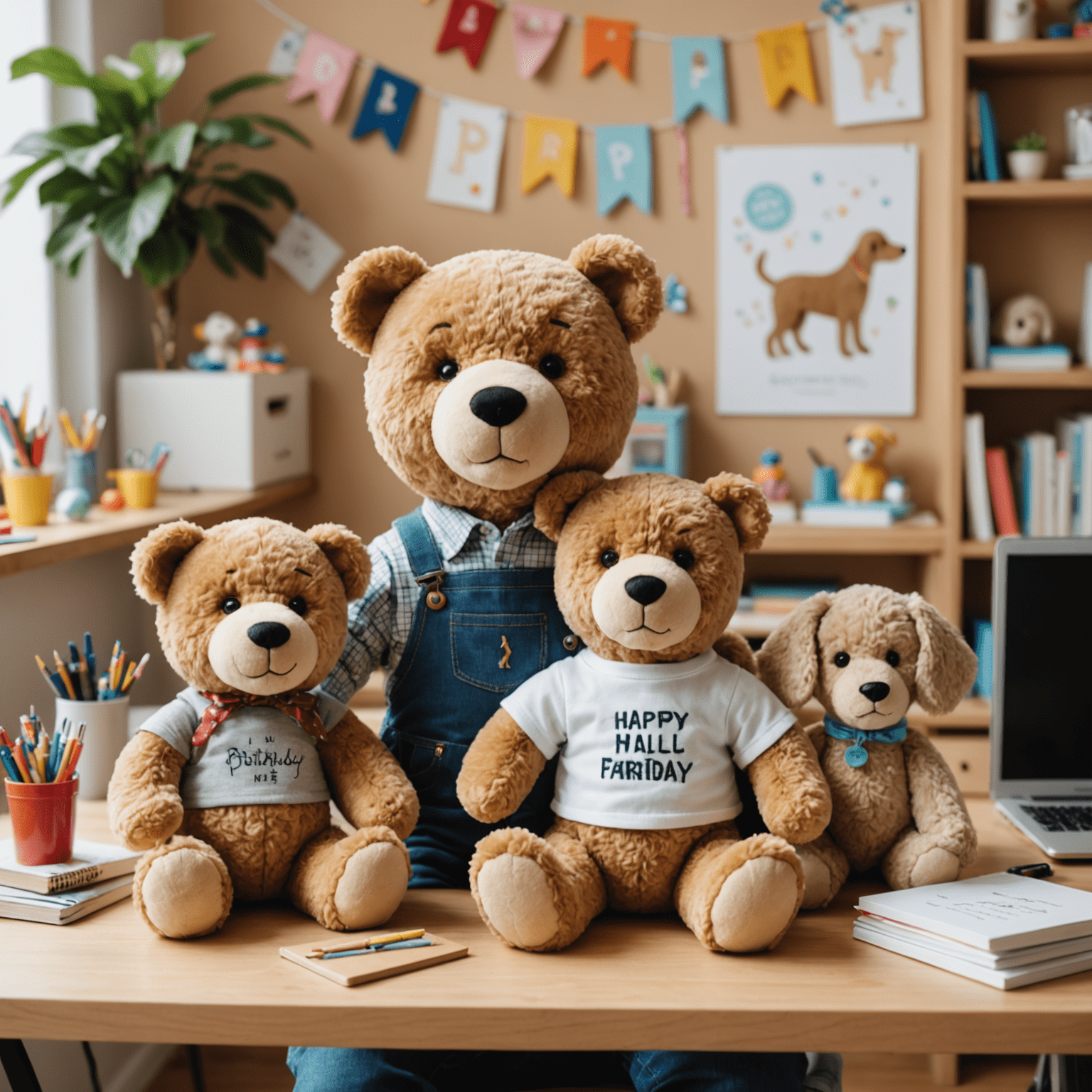 A workspace with various custom plush toy designs in progress, including a personalized birthday bear and a plush replica of a family dog