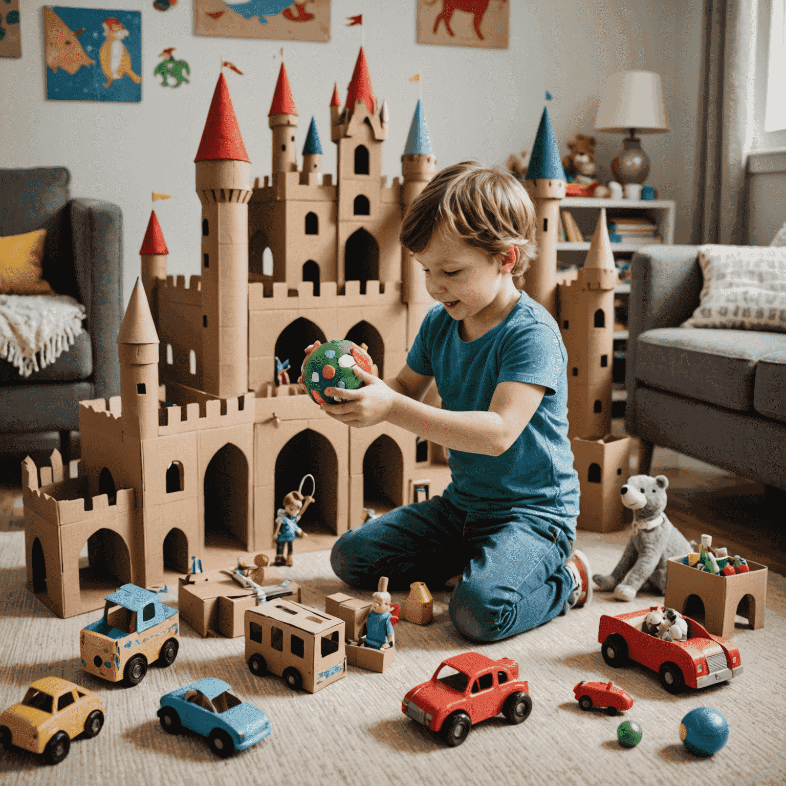 A child playing with a variety of upcycled toys, including a cardboard castle, plastic bottle bowling set, and fabric stuffed animals