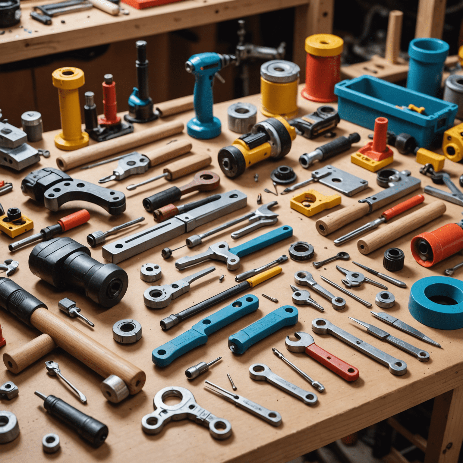 A repair workshop with various toys in different stages of repair. Tools and spare parts are scattered on the workbench.