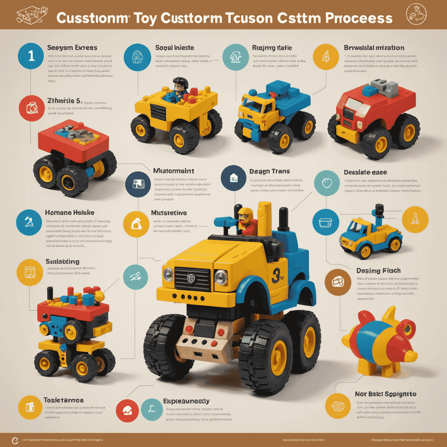 An infographic showing the five steps of the custom toy design process: 1. Concept, 2. Design, 3. Material Selection, 4. Crafting, and 5. Finishing Touches. Each step is illustrated with toy-making icons and brief descriptions.