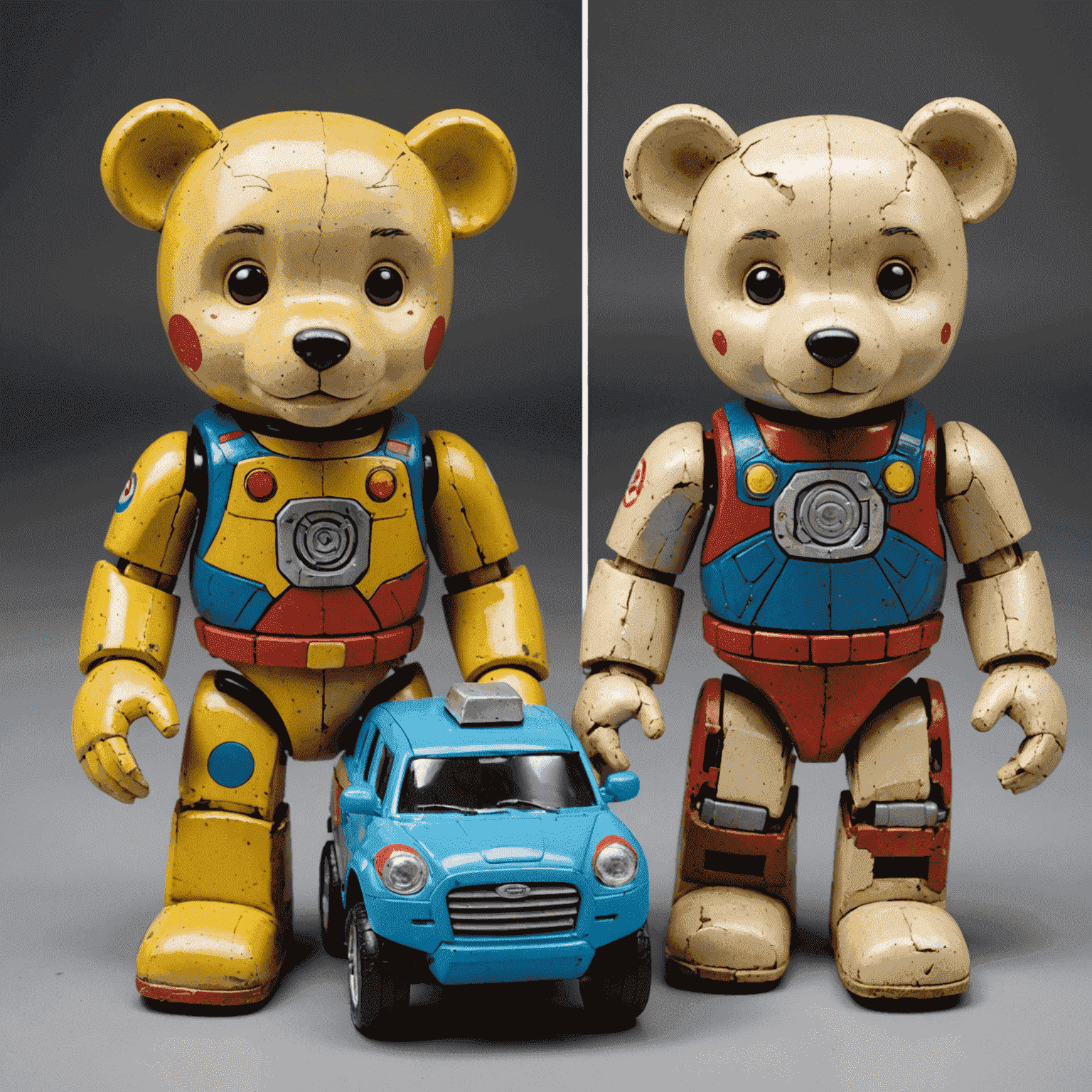 A split image showing toys before and after repair. The 'before' side shows worn-out, broken toys, while the 'after' side displays the same toys fully restored to their original glory. The transformation is dramatic, showcasing the quality of our repair work.