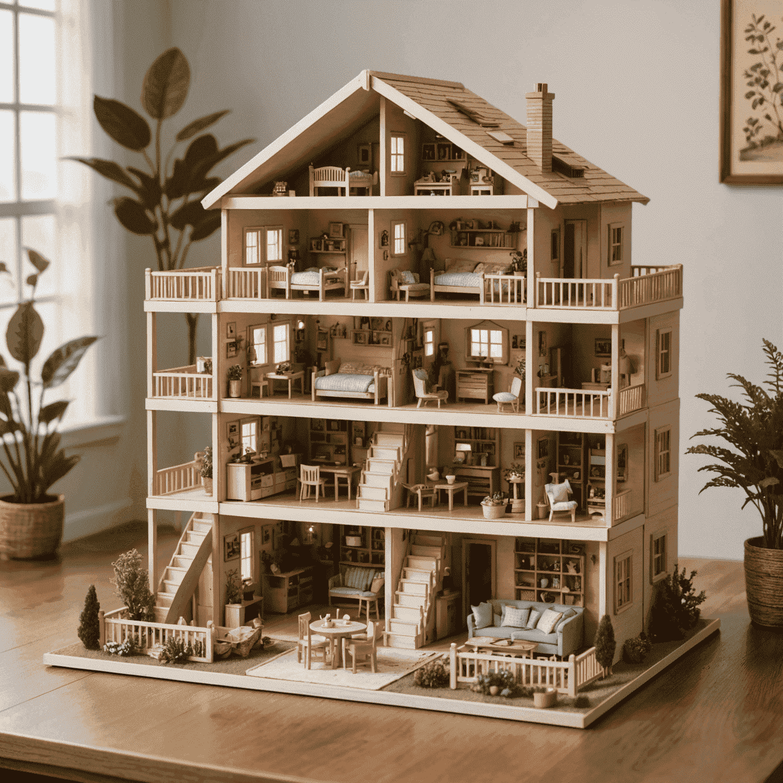 A wooden dollhouse kit with miniature furniture and decorative elements