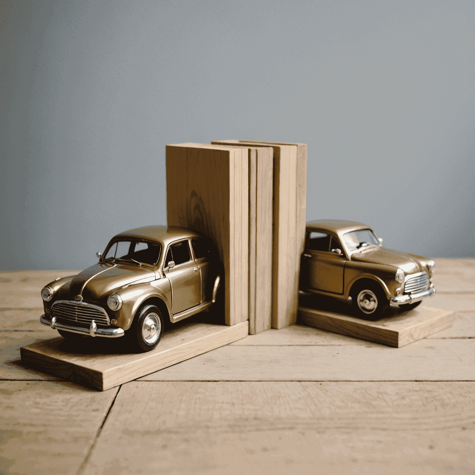 Two toy cars painted in metallic colors, mounted on wooden blocks to create stylish bookends