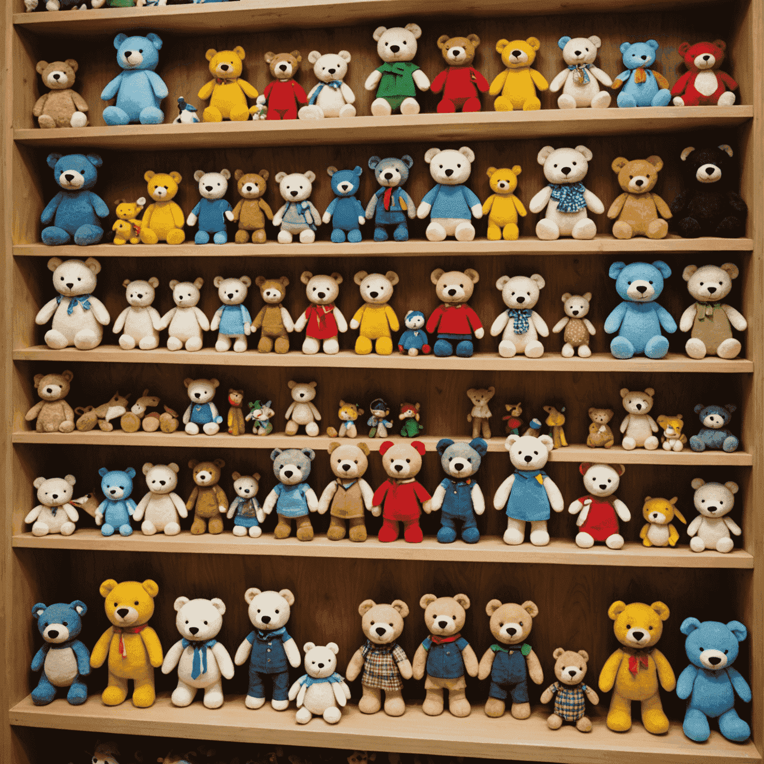 A display of various handmade toys created in the workshop. The toys include stuffed animals, wooden puzzles, and colorful figurines. Each toy showcases unique designs and craftsmanship.