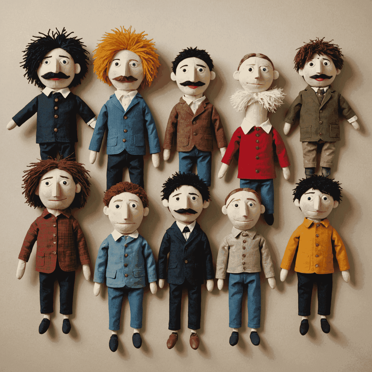 A collection of handmade puppets with expressive features and movable parts