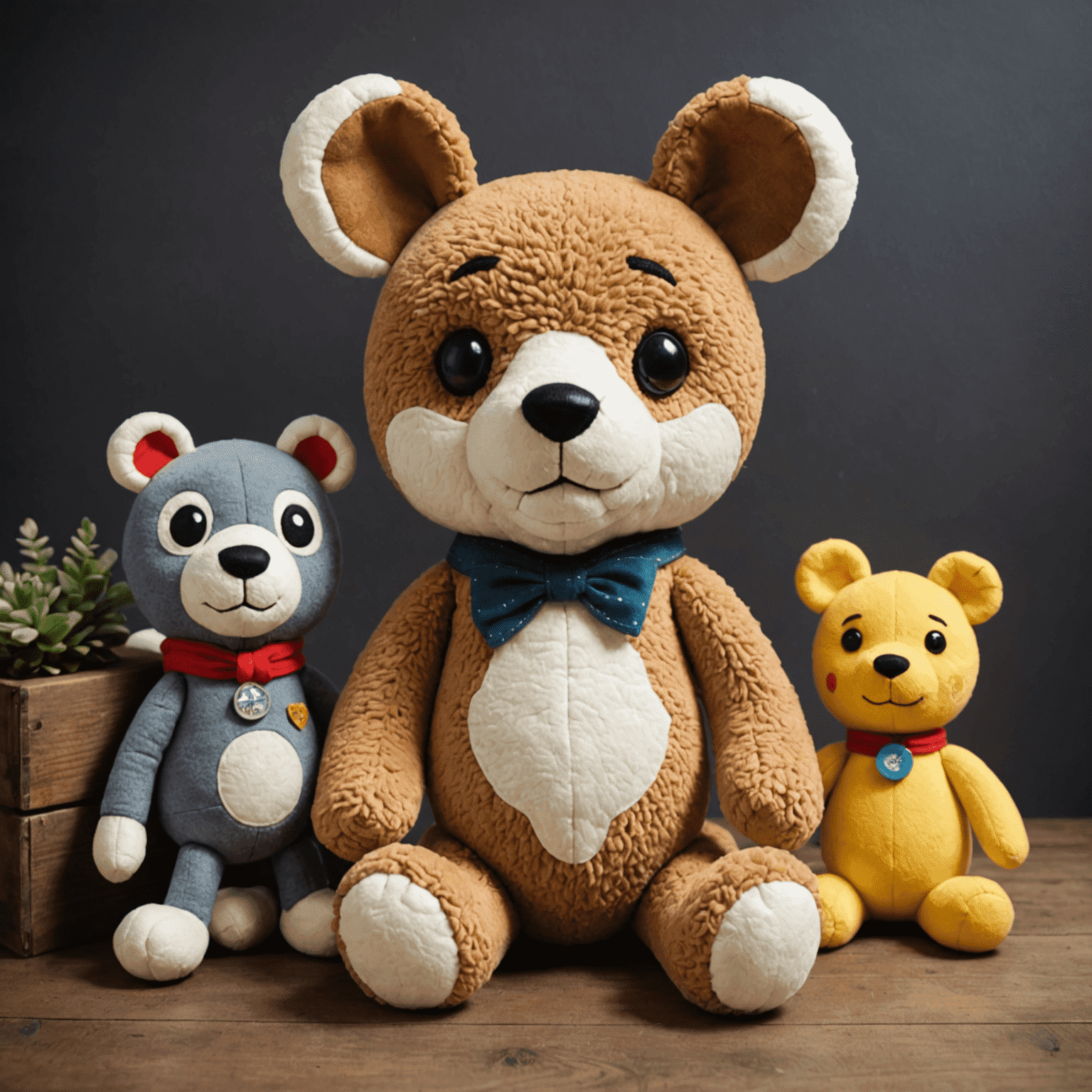 A display of handmade plush toys inspired by retro video game characters and vintage stuffed animals, showcasing a mix of modern crafting techniques with nostalgic designs