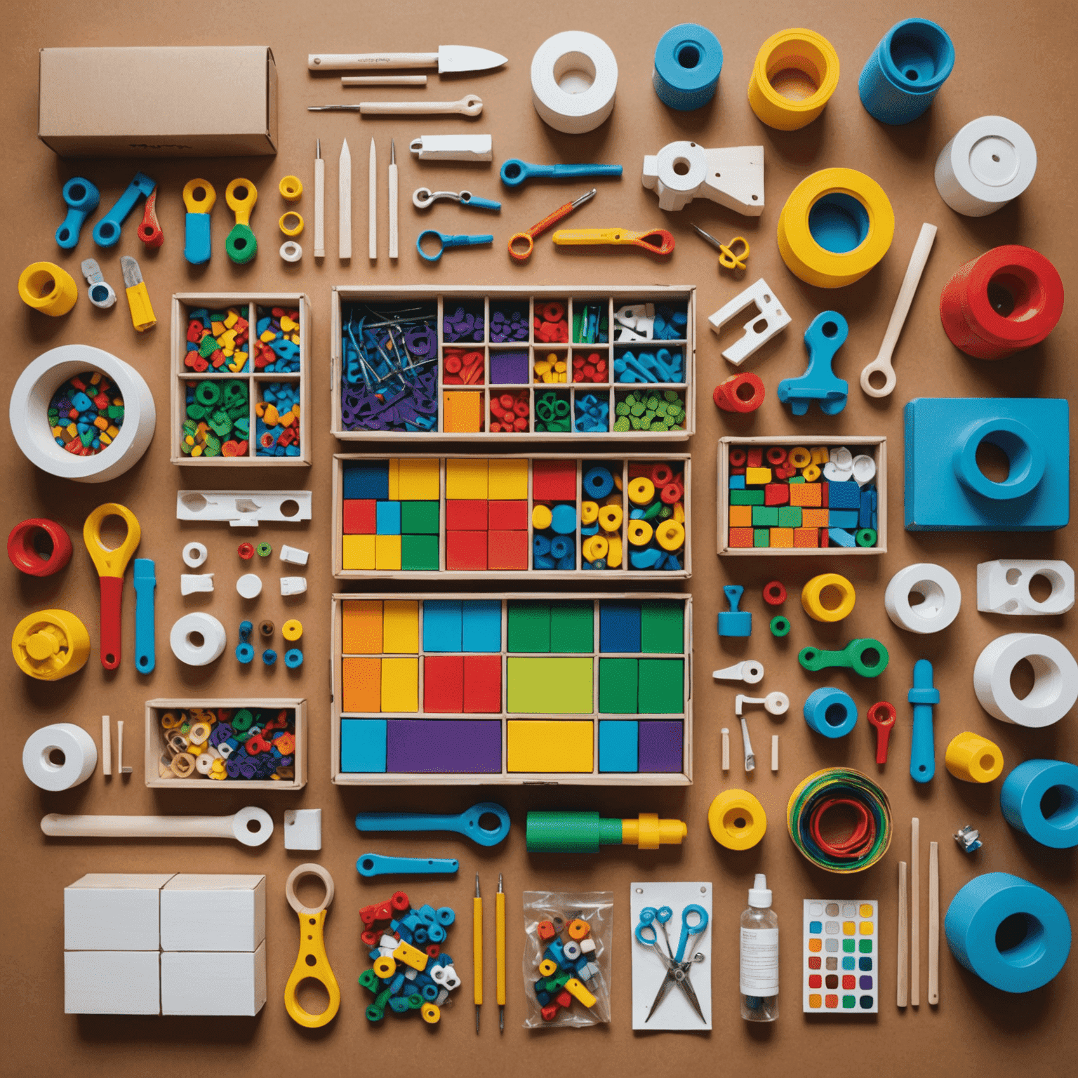 An array of colorful DIY toy kits spread out on a table. Each kit contains materials, instructions, and tools for making unique toys.