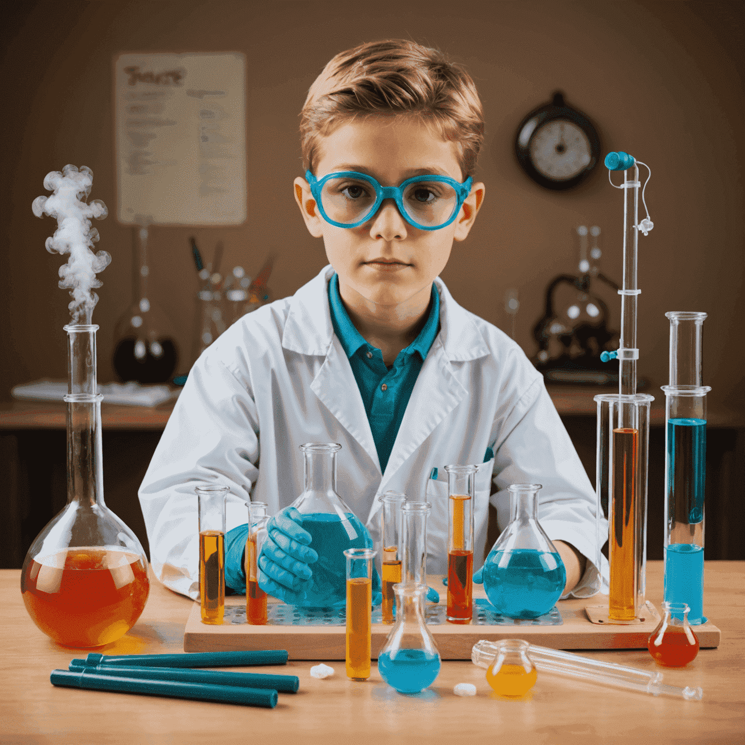 A science experiment kit with test tubes, chemicals, and safety goggles