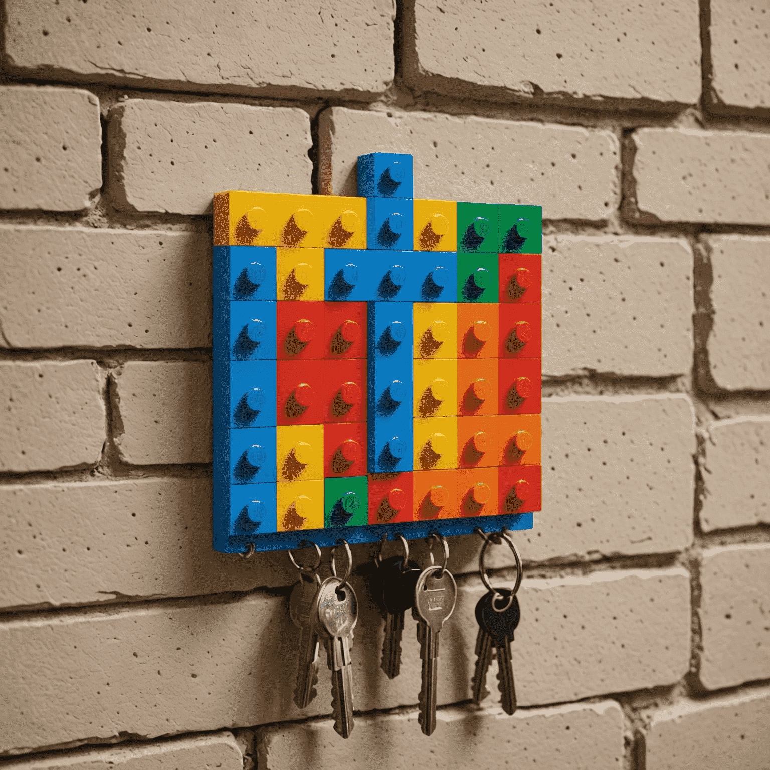 A wall-mounted key holder made from colorful Lego bricks with small hooks attached for hanging keys