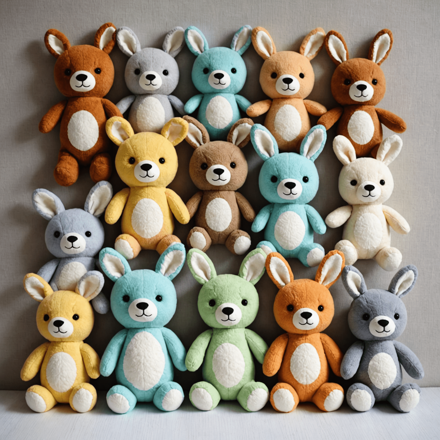 Various handmade plush toys including teddy bears, bunnies, and unique creatures in trendy pastel colors