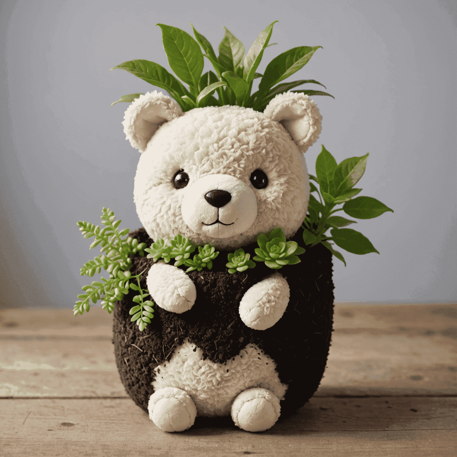 A cute stuffed animal with its back cut open and filled with soil and small plants, creating a whimsical planter