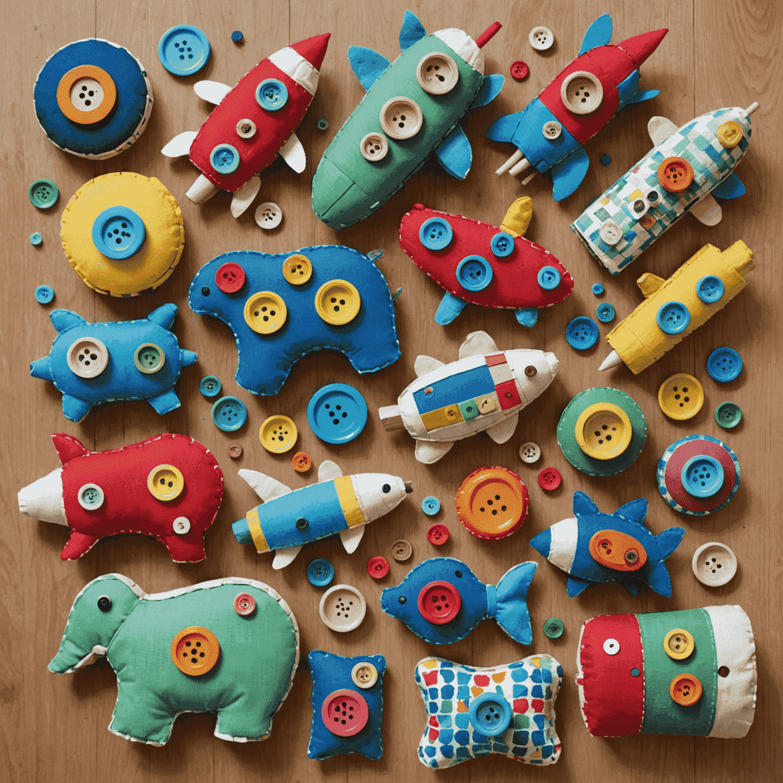 Assortment of upcycled materials like fabric scraps, buttons, and cardboard being transformed into colorful toy creations