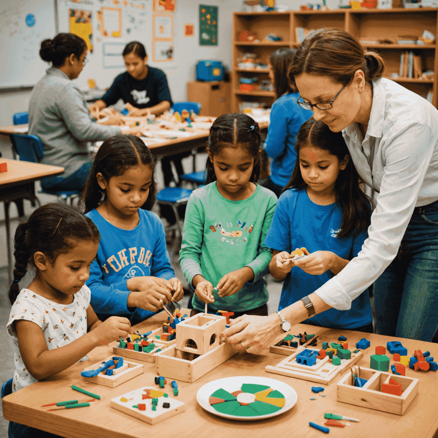 A classroom setting with people of various ages engaged in toy-making activities. Instructors are demonstrating techniques and participants are working on their own toy projects.