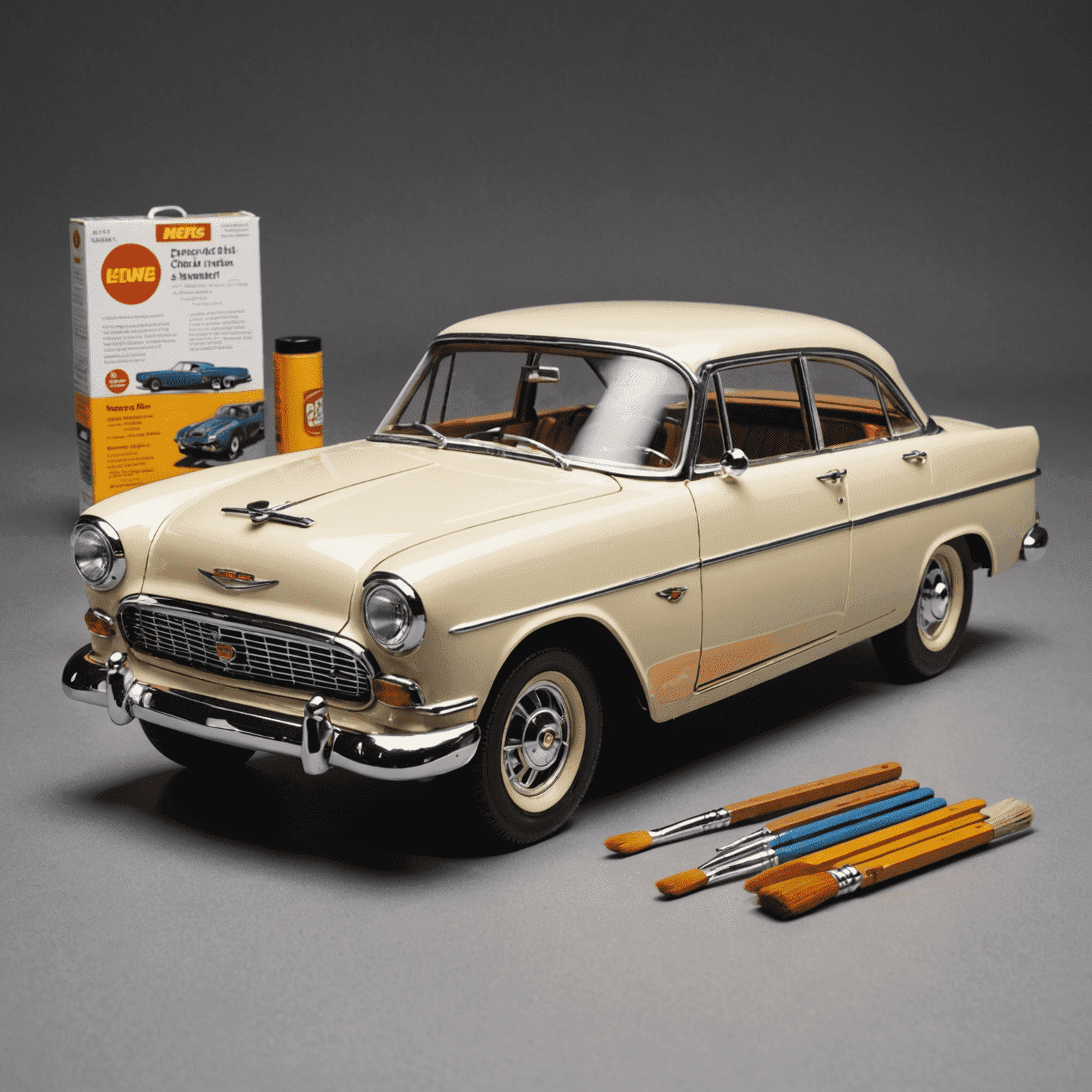 A model car kit with paint, brushes, and detailed instructions