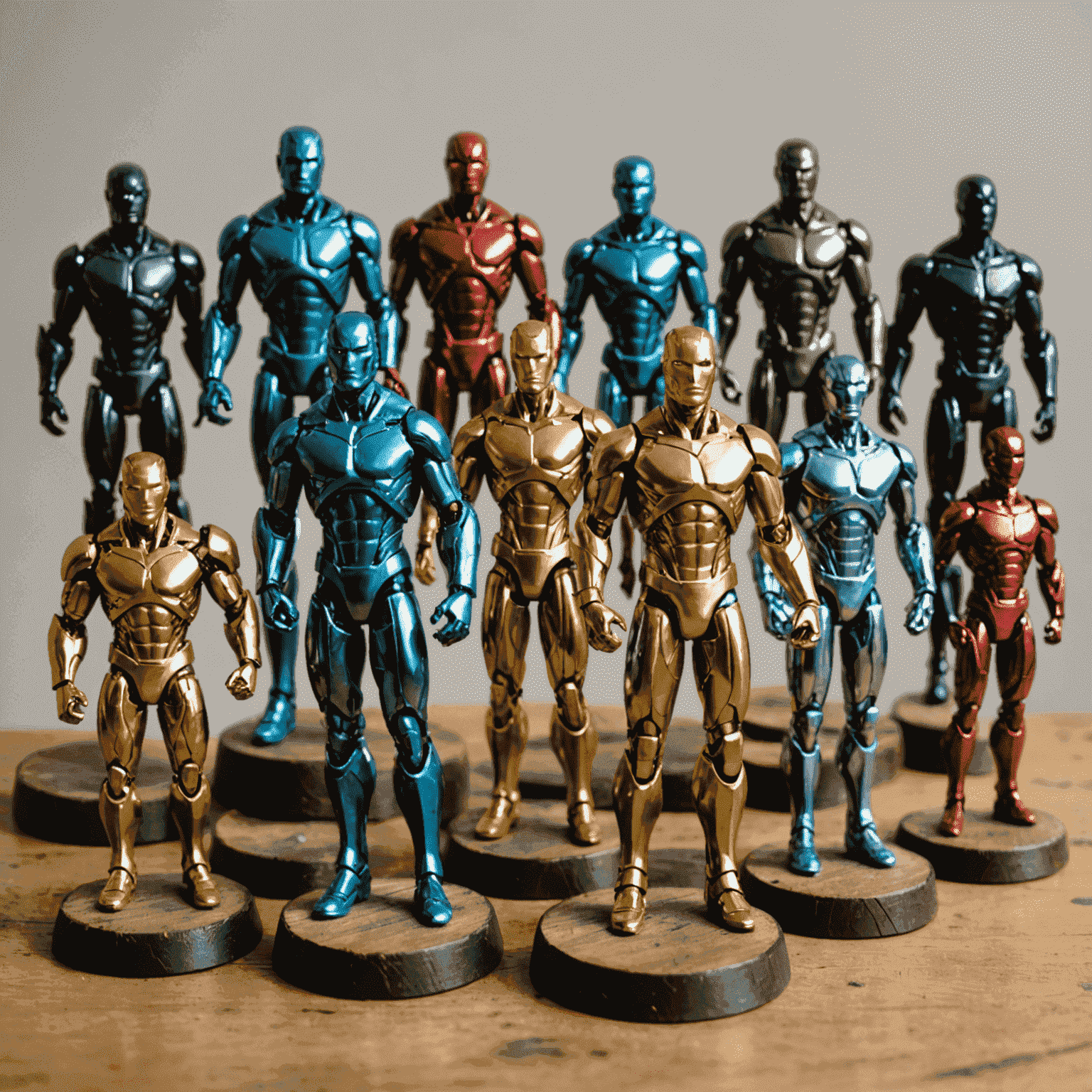 Various action figures painted in metallic colors, arranged on a wooden base with arms extended to hold necklaces and bracelets