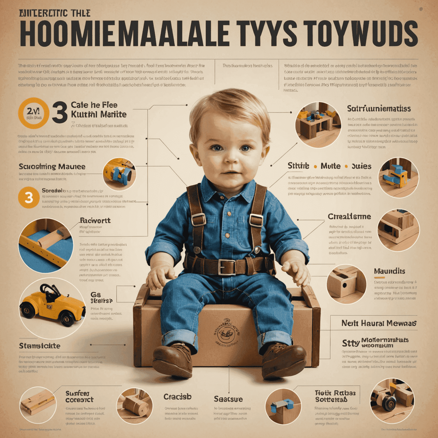 Infographic showing safety measures for homemade toys, including non-toxic materials and secure stitching