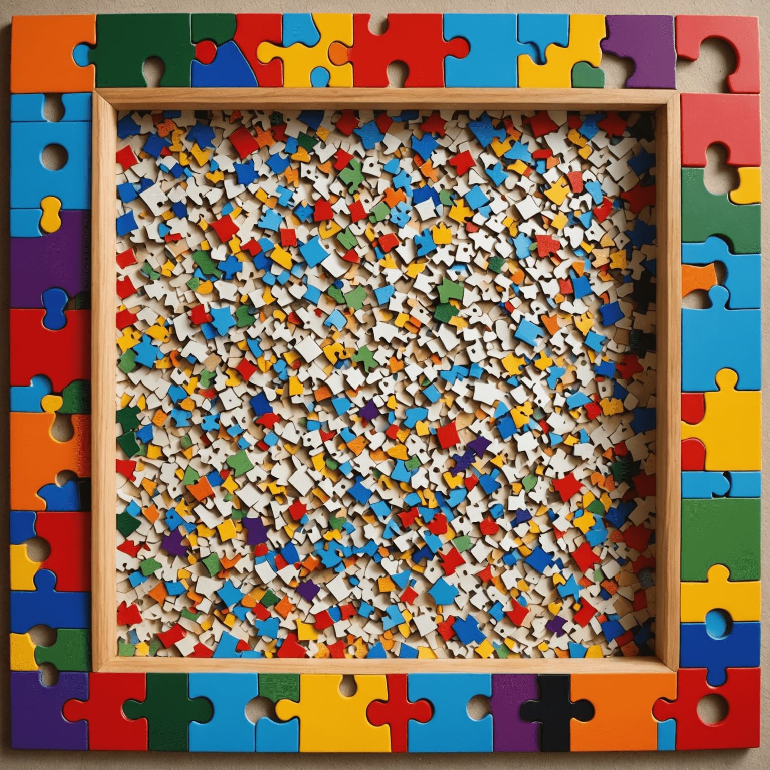 A colorful picture frame decorated with puzzle pieces of various shapes and sizes, creating a unique mosaic effect